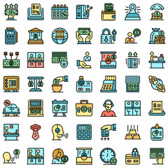 Bank teller icons set. Outline set of bank teller vector icons thin line color flat on white