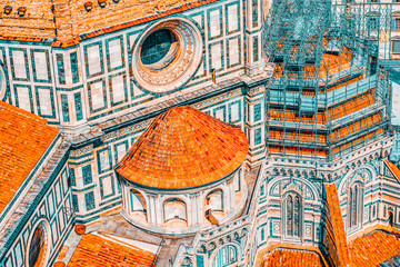 Above view Santa Maria del Fiore (Cattedrale di Santa Maria del Fiore) in Florence, most famous of...