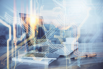 Multi exposure of table with computer and world map hologram. International data network concept.