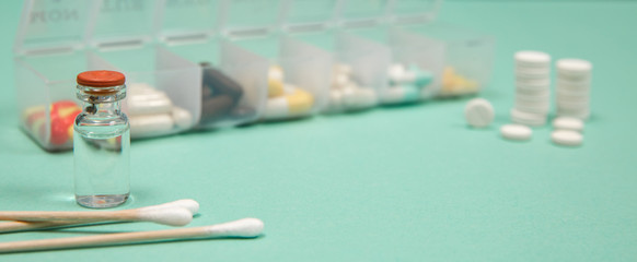 Medical ampoules, syringe and pills