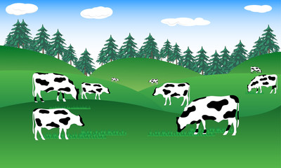 beef milk cow in farm in wild nature with mountain landscape view vector illustration