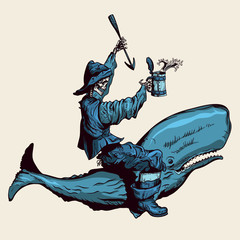 Graphic stylization. A cheerful skeleton of a whaler riding a sperm whale. With a harpoon and a mug of rum in his hands. - obrazy, fototapety, plakaty