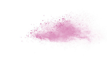 Pink powder explosion on white background. Colored cloud. Colorful dust explode. Paint Holi.