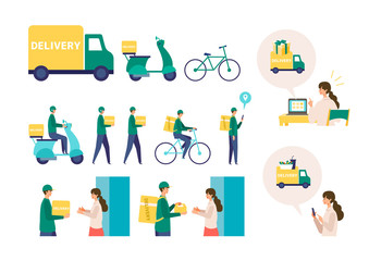Vector illustration for the online delivery service concept. Truck,  scooter, bicycle and delivery man.