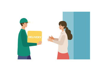 Vector illustration for the online delivery service concept. Woman received courier.