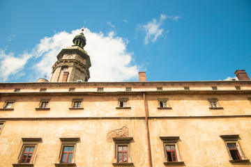 old city exterior walls and tower foreshortening from below exterior facade background concept with...