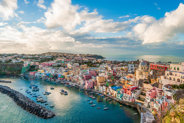 Scenic view of the harbor of Procida island, one of the Flegrean Islands off the coast of Naples in the region of Campania, Southern Italy.
