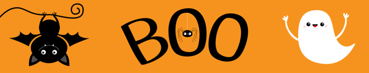 Happy Halloween banner. Flying ghost spirit. Bat hanging. Boo text with hanging spider. Cute cartoon scary spooky character. Smiling face, hands. Orange background. Greeting card. Flat design.