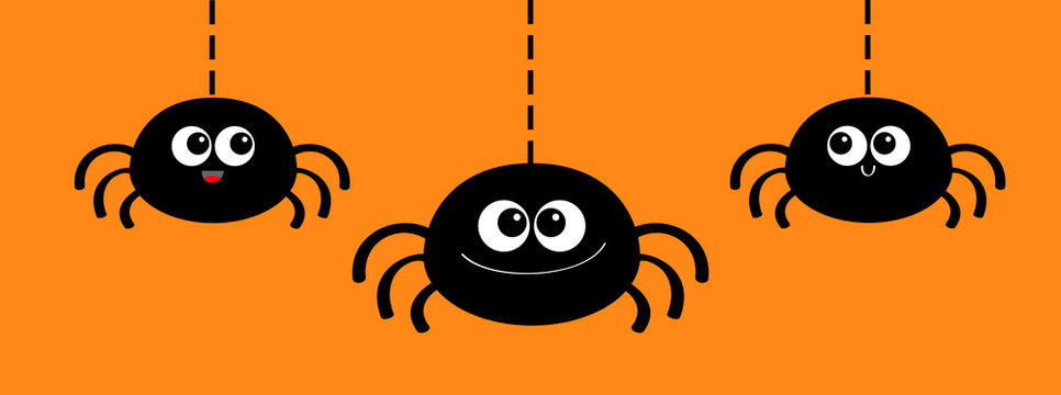 Three hanging spider icon set. Happy Halloween. Dash line web. Cute cartoon kawaii kids baby animal character. Black silhouette. Funny smiling insect. Flat design. Orange background.