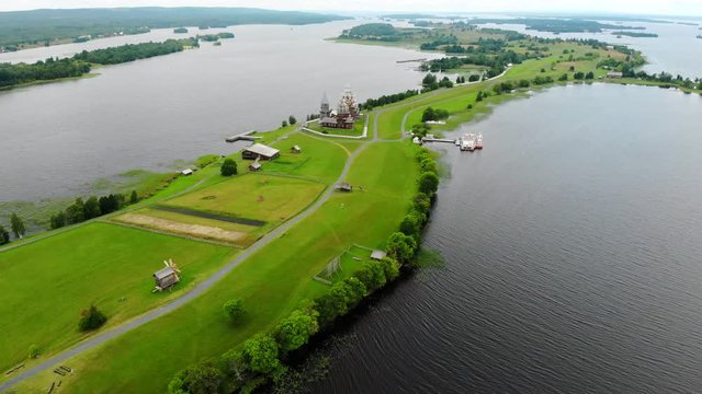 Aerial view panorama of Kizhi island. Onega lake, Karelia, Russia.