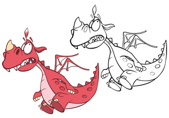 Vector Illustration of a Cute Cartoon Character Dragon for you Design and Computer Game. Coloring Book Outline Set
