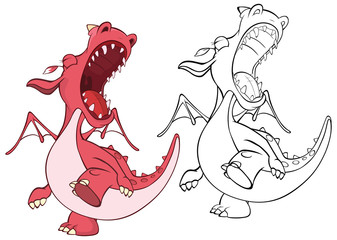 Vector Illustration of a Cute Cartoon Character Dragon for you Design and Computer Game. Coloring Book Outline Set