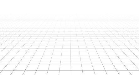 Perspective vector grid disappearing into the horizon. Wireframe landscape on white background.