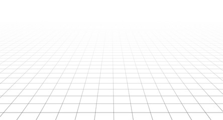 Perspective vector grid disappearing into the horizon. Wireframe landscape on white background.