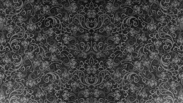 Old black anthracite gray vintage worn shabby seamless square patchwork tiles stone concrete cement wall texture background wallpaper, with flower leaves print
