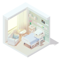 Fototapeta na wymiar Vector isometric low poly cozy hospital room. Clinic interior. Hospital bed, seat for visitor, heart rate monitor and other equipment