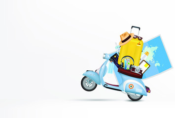 A yellow suitcase with travel gear rests on four blue motorcycles on a white background.