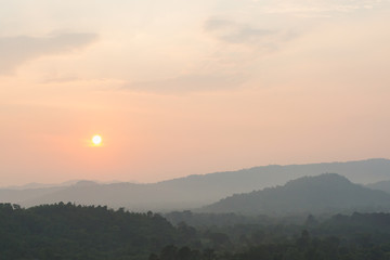 The mist covered the mountain scenery complex.