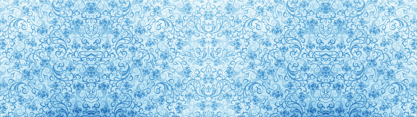 Old blue white vintage worn shabby seamless patchwork tiles stone concrete cement wall texture wide background banner panorama wallpaper, with flower leaves print