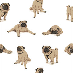 Funny pug dog seamless pattern. Cute fawn chubby pet animal in in different poses endless repeating print design cartoon vector illustration.