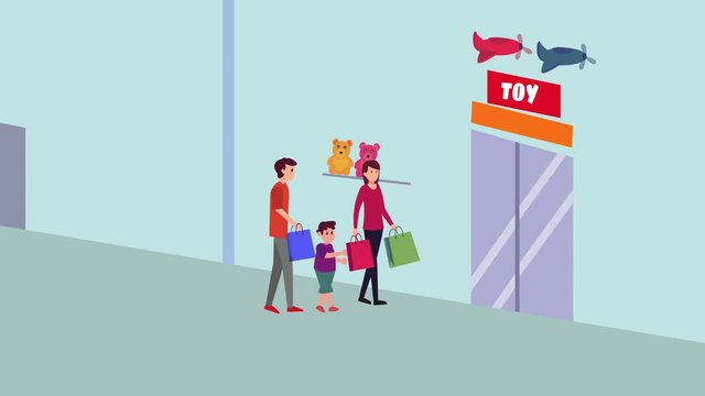 Child and parents walking toward door of toys store