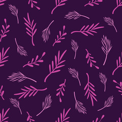 Abstract floral seamless pattern with palm tropical leaves on dark background, botanical elements in purple - endless texture for textile, fabric, digital paper or scrapbooking - vector illustration