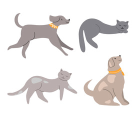 Domestic animals - dogs and cats isolated vector illustrations on white background, funny pets - puppy, kitten, kitty in various poses, cut out design elements