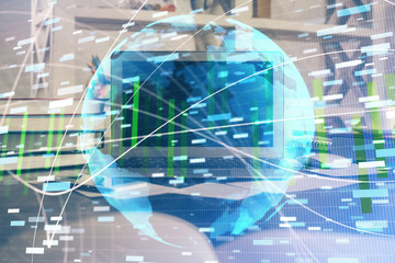 Multi exposure of business theme icons and table with computer background. Concept of success.