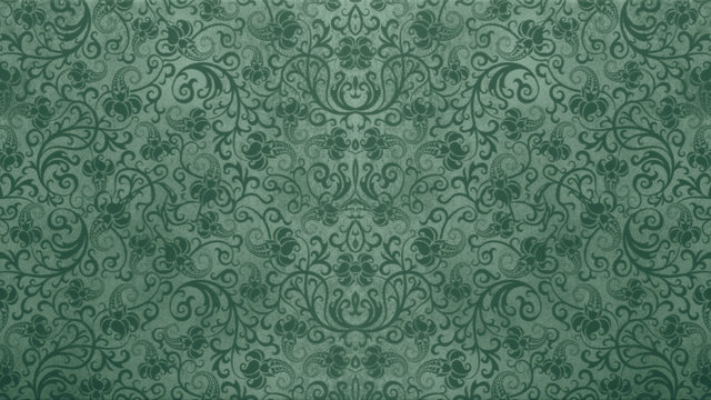 Fototapeta Old green vintage worn shabby seamless patchwork tiles stone concrete cement wall texture background wallpaper, with flower leaves print