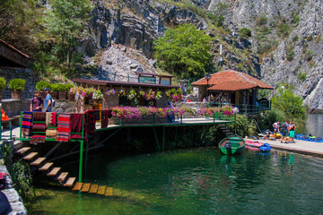 Skopje, Macedonia; August 02, 2018. Small house in Canyon Matka with flowers and marine decoration...