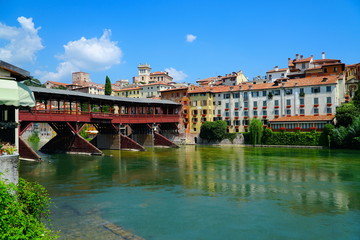 Obraz premium Bassano del Grappa is a city in northern Italy’s Veneto region, Italy. The Old Bridge also called the Bassano Bridge or Bridge of the Alpini is considered one of the most picturesque bridges in Italy.