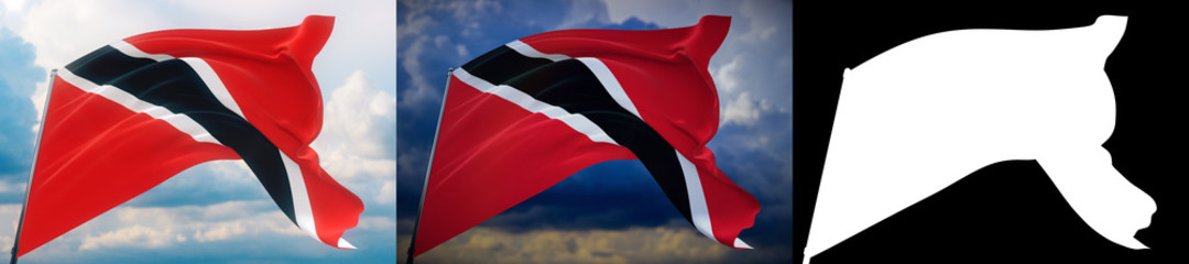 Naklejka premium Waving flags of the world - flag of Trinidad And Tobago. Set of 2 flags and alpha matte image. Very high quality mask. High resolution for professional composition. 3D illustration.
