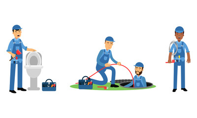 Professional Plumber in Blue Uniform Fixing Sanitary and Pipe Line Vector Illustration Set