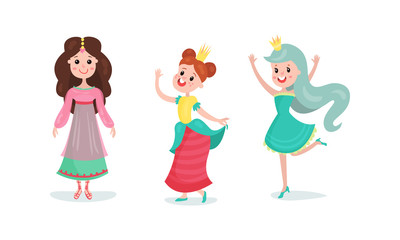 Smiling Girl Princess Wearing Crown and Dressy Look Garment Vector Illustration Set