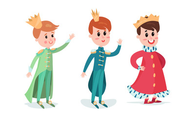 Smiling Little Prince with Golden Crown Wearing Carnival Suit Vector Illustration Set