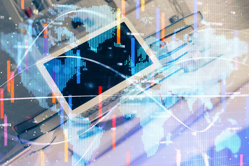Multi exposure of business theme icons and table with computer background. Concept of success.