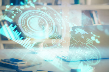 Multi exposure of business theme icons and table with computer background. Concept of success.