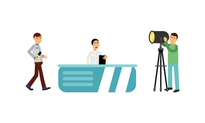 Man Character as Journalist or News Reporter from Studio TV Broadcast and Cameraman Vector Illustration Set