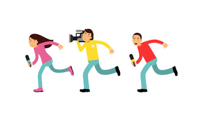 Fototapeta na wymiar Man and Woman as News Program Crew Running with Microphone and Camera for TV Broadcasting Vector Illustration Set