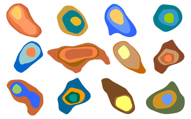 Geometric pattern with multicolored hand-drawn elements, abstract shapes and doodle objects isolated on white background. Vector graphics.