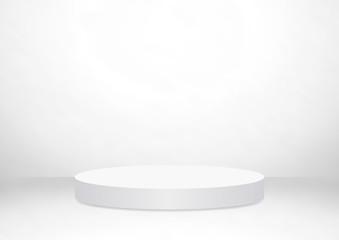 Round white stage podium on gray color studio room background, can use for background and product display. Banner for advertise product