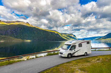 Family vacation travel RV, holiday trip in motorhome - 373495132