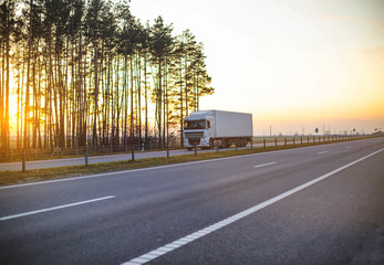 White truck with isotherm semitrailer transports frozen fruits and vegetables on the highway against the backdrop of a sunny sunset and forest. Perishable goods transportation concept, copy space for