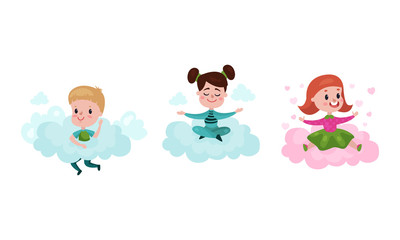 Smiling Kids Sitting on Soft Clouds and Doing Different Things Vector Illustration Set