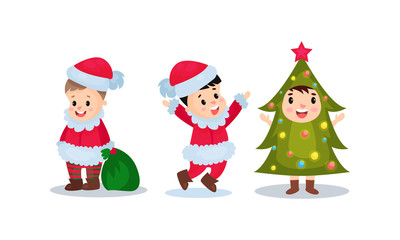 Happy Children Dressed in Christmas Costumes Vector Illustration Set