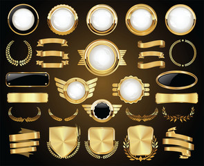 Collection of Golden badges labels laurels shield and metal plates