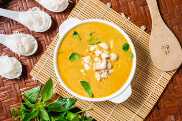 Rice noodles and crab curry. Traditional food of thailand.