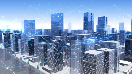 Naklejka premium Digital City Network Building Technology Communication Data Business 3D illustration Background