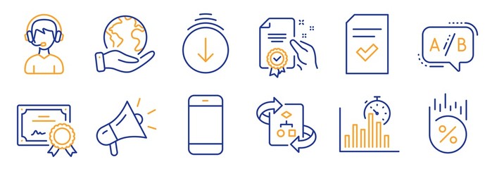Set of Technology icons, such as Scroll down, Smartphone. Certificate, save planet. Certificate, Ab testing, Megaphone. Report timer, Loan percent, Technical algorithm. Vector