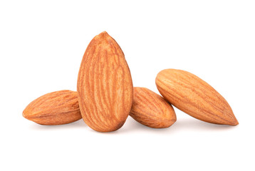 Closeup isolated of fresh almonds nut seed on white background.